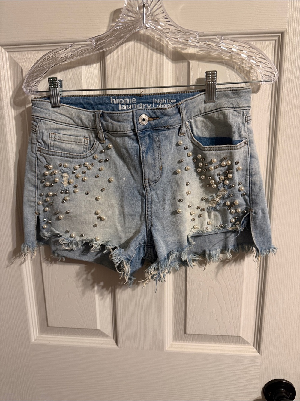 hippie laundry Light Blue Studded Distressed High-Low Denim Shorts